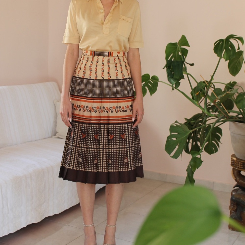 70s Vintage Floral Patterned Pleated Midi Skirt - Picture 5 of 6